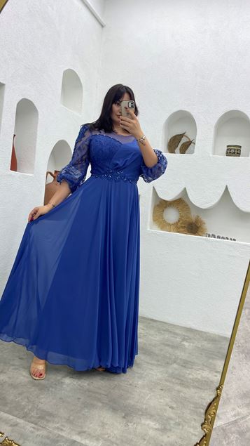 Indigo Embroidery Detail Waist Motif Chiffon Plus Size Evening Dress