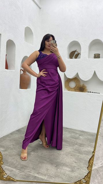 Plum Embroidered Sleeve Drape Detail Plus Size Evening Dress