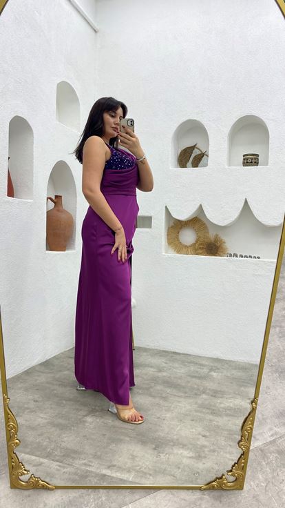 Mürdüm İşleme Kol Drapeli Büyük Beden Abiye Elbise