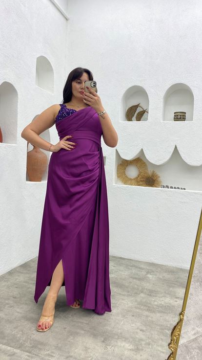 Mürdüm İşleme Kol Drapeli Büyük Beden Abiye Elbise