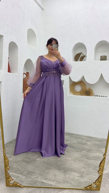 Lilac Embroidered Detail Waist Motif Satin Plus Size Evening Dress