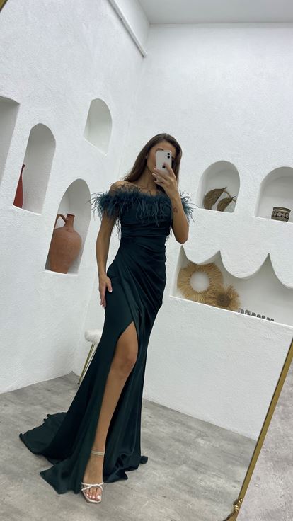 Emerald Tassel Draped Satin Evening Dress