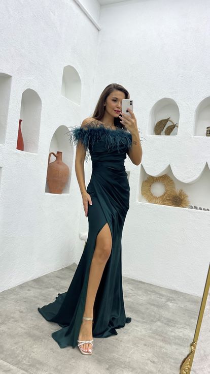 Emerald Tassel Draped Satin Evening Dress
