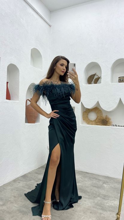 Emerald Tassel Draped Satin Evening Dress