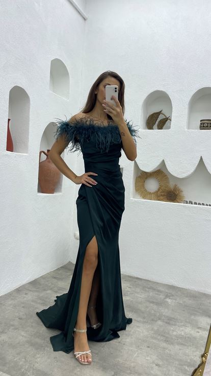 Emerald Tassel Draped Satin Evening Dress