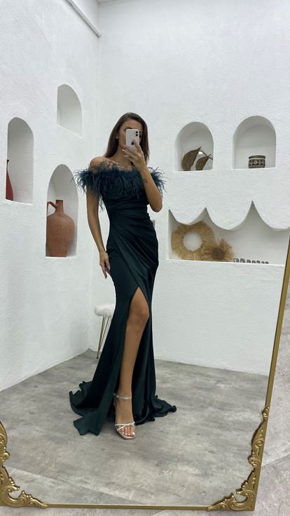 Emerald Tassel Draped Satin Evening Dress