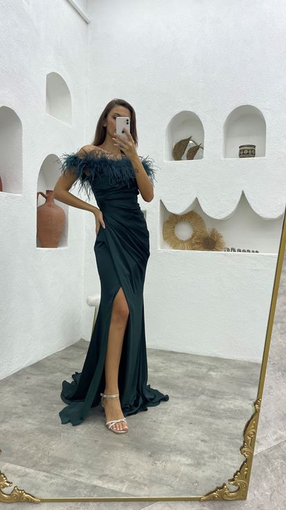 Emerald Tassel Draped Satin Evening Dress