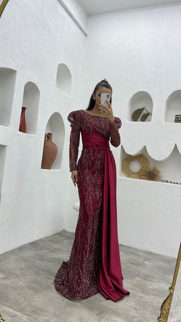 Burgundy Silvery Embroidered Satin Detail Belted Evening Dress