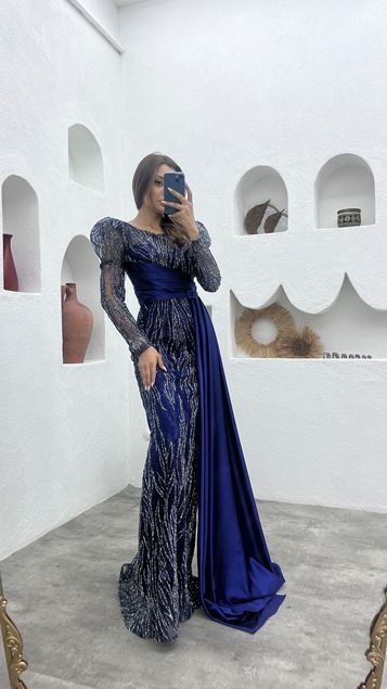 Blu navy glitter ricamato raso dettaglio cinturato abito da sera