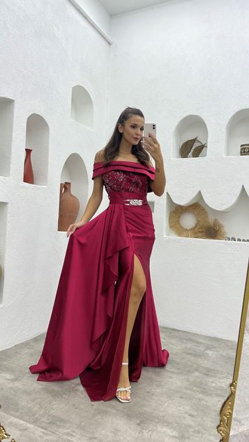 Burgundy Volan Detail Belted Satin Evening Dress