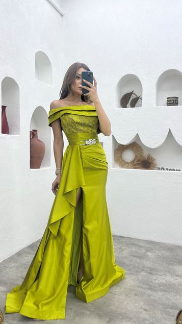 Yellow Volan Detail Belted Satin Evening Dress