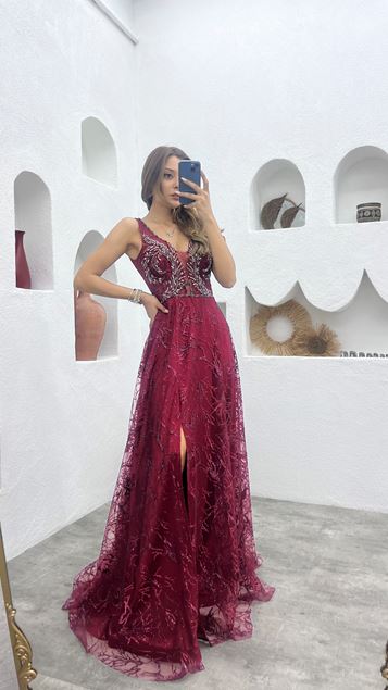 Claret Red Embroidery Detailed Tulle Evening Dress