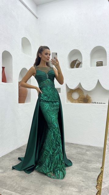 Robe de soirée Guipure brodée verte