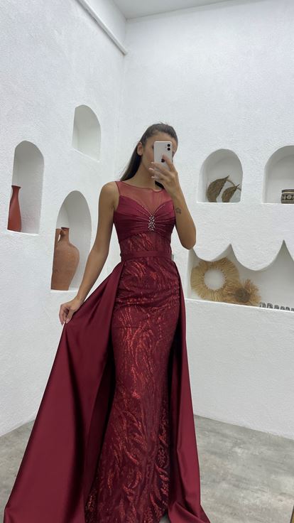 Bordo İşlemeli Güpürlü Abiye Elbise