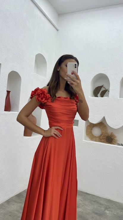 Orange Draped Detail Satin Evening Dress With Flounce Sleeves