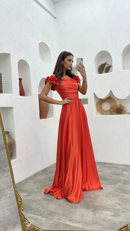 Orange Draped Detail Satin Evening Dress With Flounce Sleeves