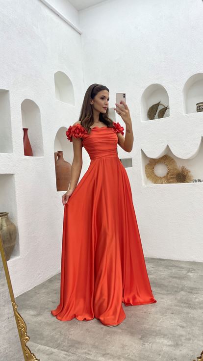Orange Draped Detail Satin Evening Dress With Flounce Sleeves