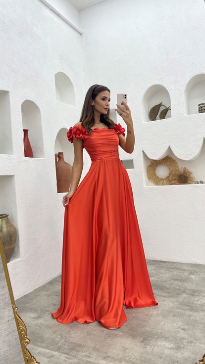 Orange Draped Detail Satin Evening Dress With Flounce Sleeves