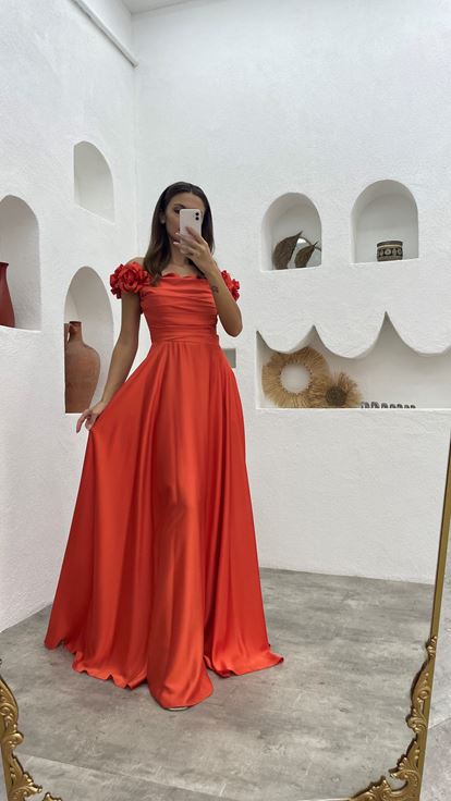 Orange Draped Detail Satin Evening Dress With Flounce Sleeves