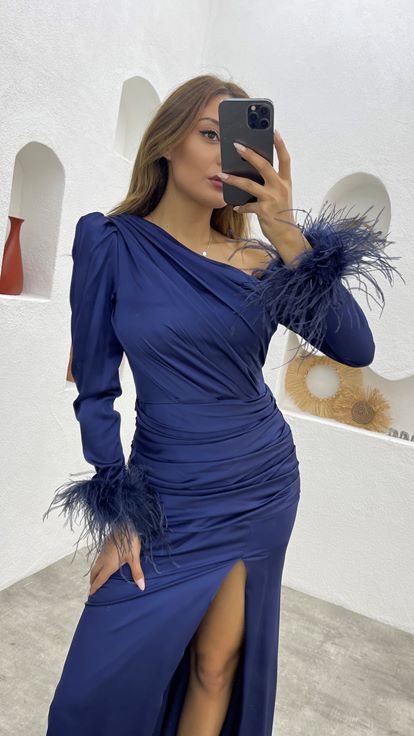 Navy Blue One Shoulder Drape Detailed Tassel Satin Evening Dress