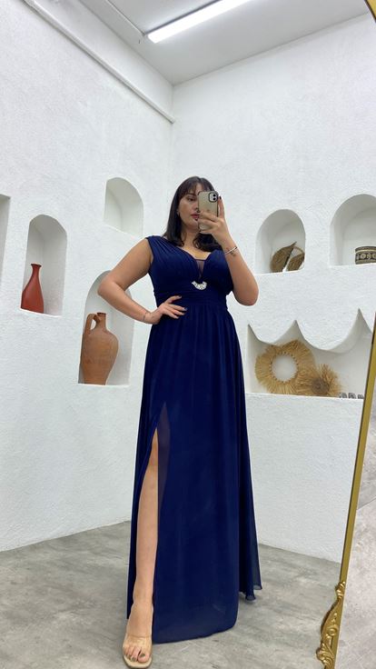 Lacivert Drapeli Şifon Büyük Beden Abiye Elbise
