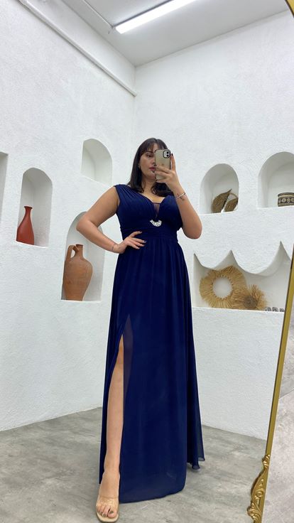 Lacivert Drapeli Şifon Büyük Beden Abiye Elbise