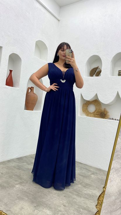 Lacivert Drapeli Şifon Büyük Beden Abiye Elbise