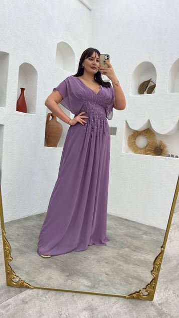 Lilac Embroidery Detail V Neck Balloon Sleeve Chiffon Plus Size Evening Dress