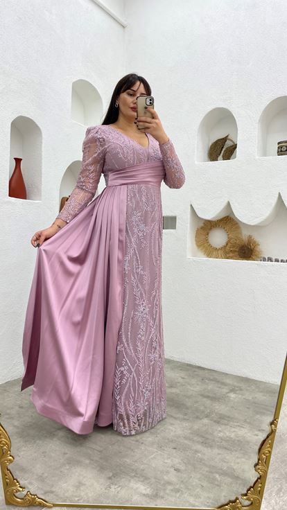 Pudra İşlemeli Desenli Drape Saten Büyük Beden Abiye Elbise