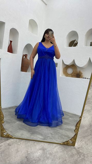 Blue Waist Motif Glittery Tulle Plus Size Evening Dress
