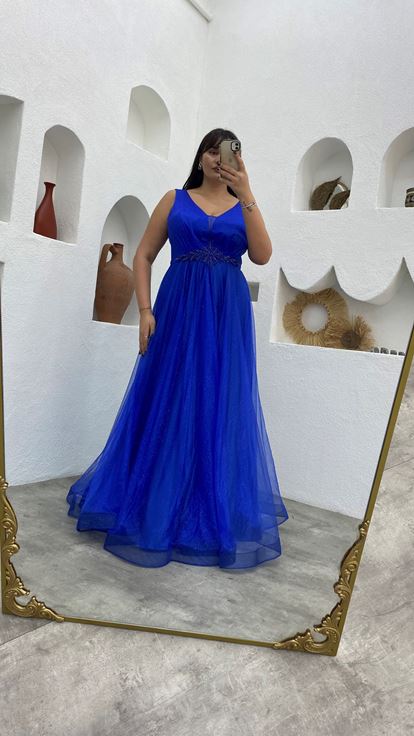 Saks Beli Motifli Simli Tül Büyük Beden Abiye Elbise