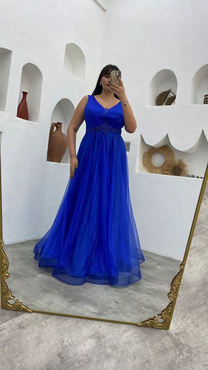 Saks Beli Motifli Simli Tül Büyük Beden Abiye Elbise