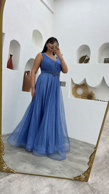 Blue Waist Motif Glittery Tulle Plus Size Evening Dress