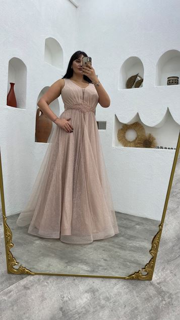Powder Waist Motif Glittery Tulle Plus Size Evening Dress