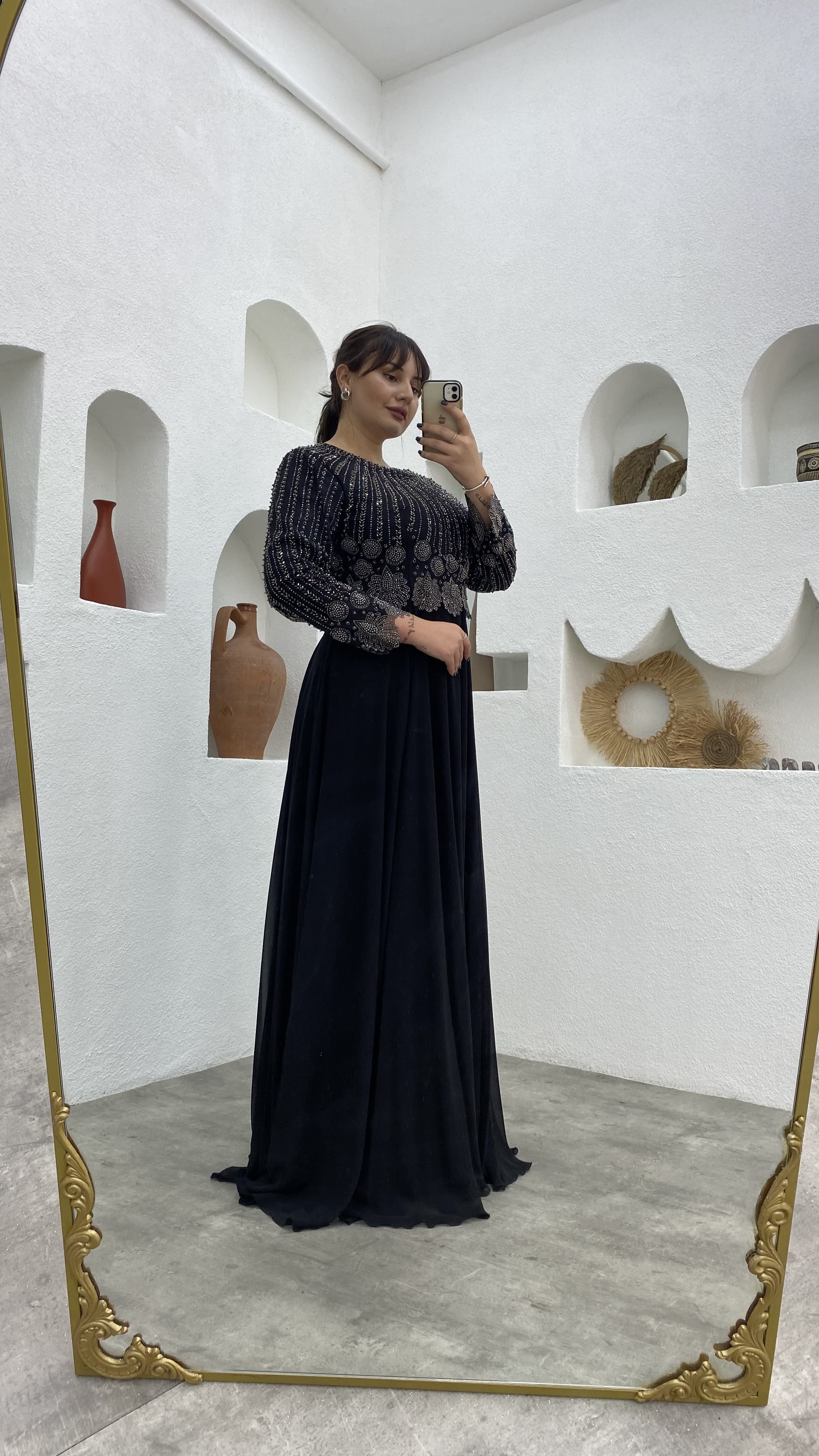 Black Embroidered Detail Motif Design Chiffon Plus Size Evening Dress