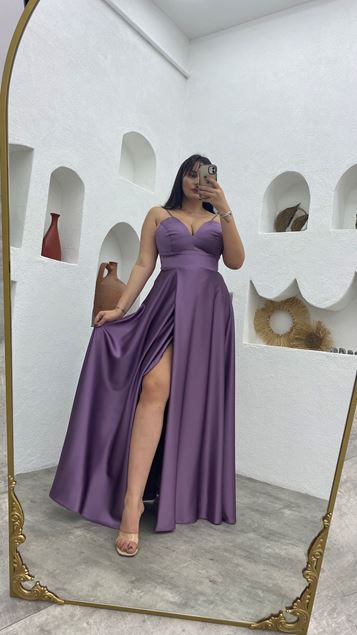 Lilac Rope Strap Satin Plus Size Evening Dress