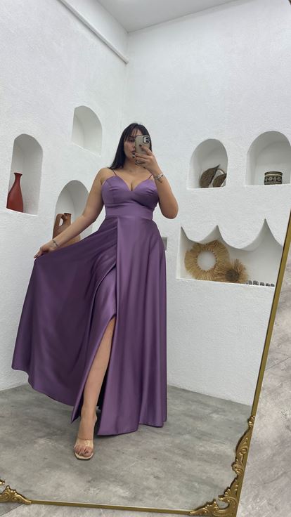 Lila İp Askılı Saten Büyük Beden Abiye Elbise