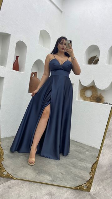 Anthracite Rope Strap Satin Plus Size Evening Dress