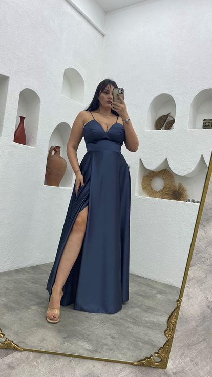 Antrasit İp Askılı Saten Büyük Beden Abiye Elbise