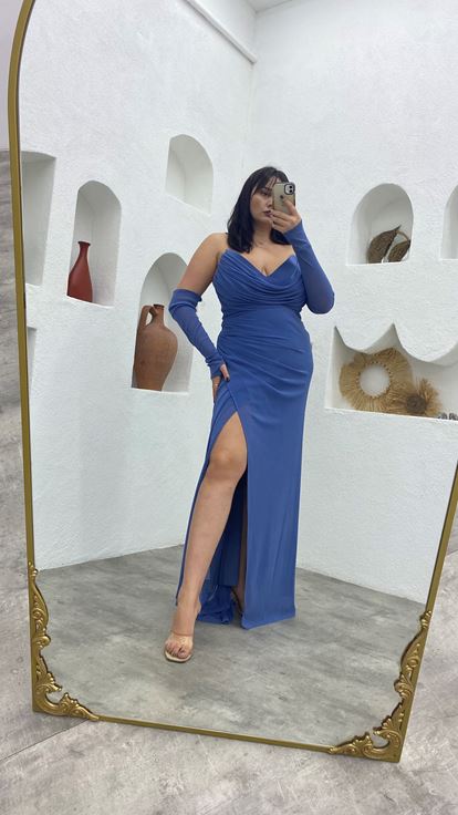 Mavi Straplez Kol Detay Drapeli Simli Büyük Beden Abiye Elbise