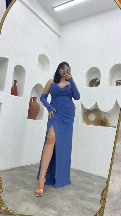 Mavi Straplez Kol Detay Drapeli Simli Büyük Beden Abiye Elbise