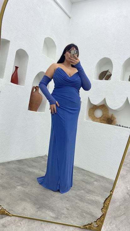 Mavi Straplez Kol Detay Drapeli Simli Büyük Beden Abiye Elbise