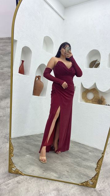 Claret Red Strapless Sleeve Detail Draped Glittery Plus Size Evening Dress