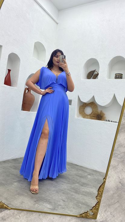 Manicotto a palloncino pieghettato blu Plus Size abito da sera