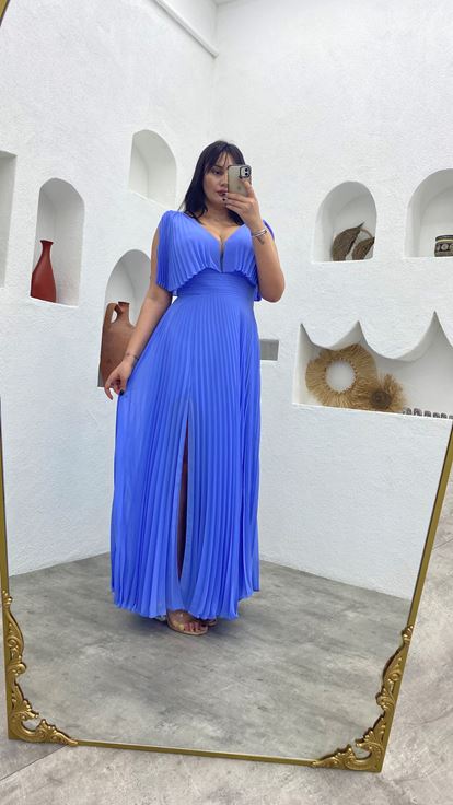 Manicotto a palloncino pieghettato blu Plus Size abito da sera