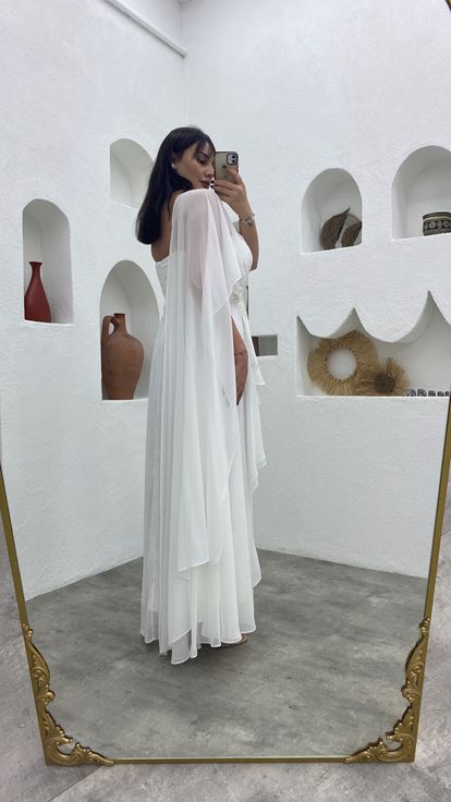 Beyaz Beli Motifli Tek Omuz Şifon Büyük Beden Abiye Elbise