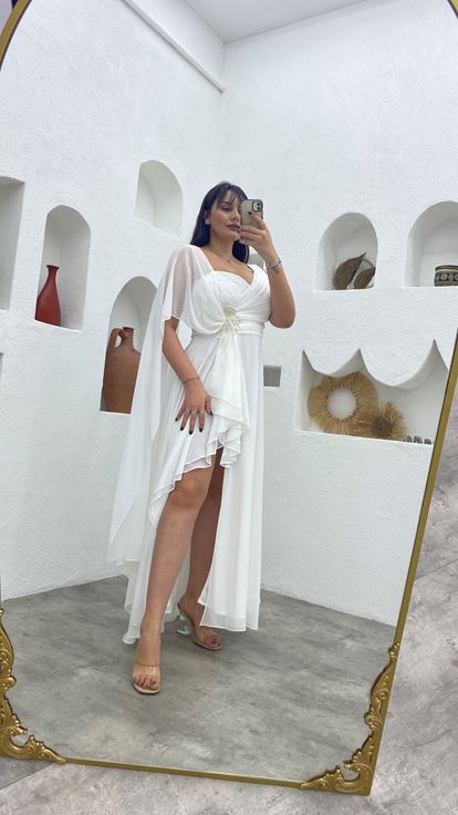 Beyaz Beli Motifli Tek Omuz Şifon Büyük Beden Abiye Elbise