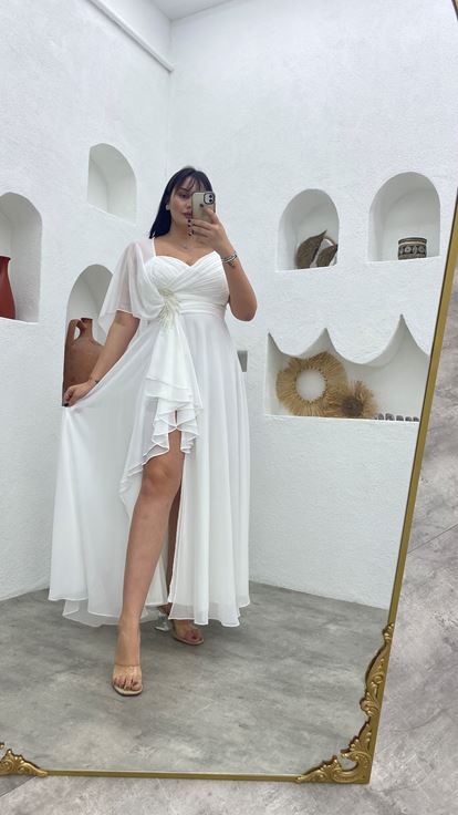 Beyaz Beli Motifli Tek Omuz Şifon Büyük Beden Abiye Elbise