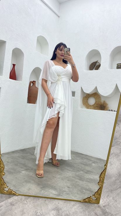 Beyaz Beli Motifli Tek Omuz Şifon Büyük Beden Abiye Elbise