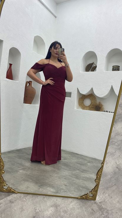 Abito da sera bordeaux con spalline sottili e glitter  taglie forti 